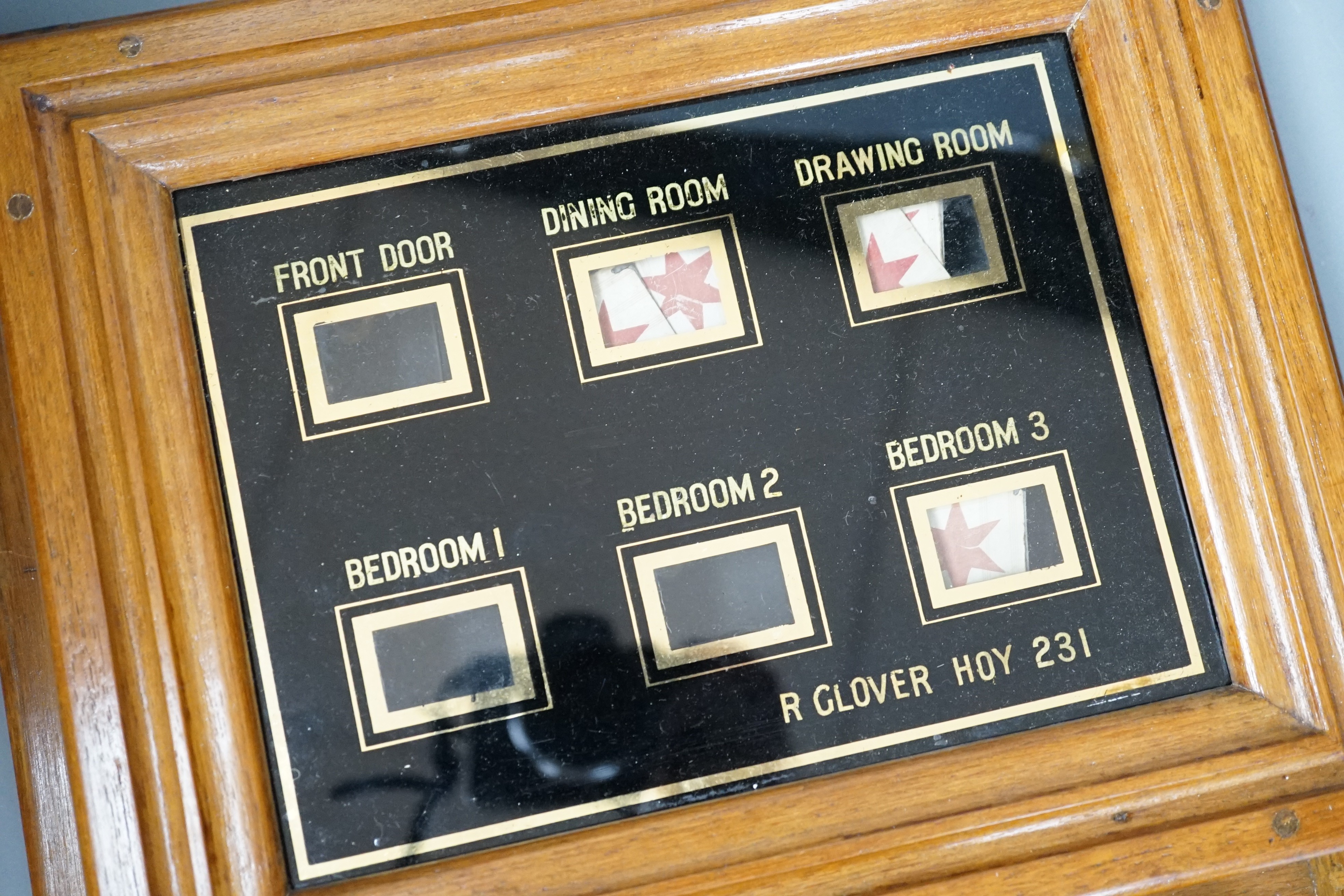 An oak servant call box and bell, 29x35cm